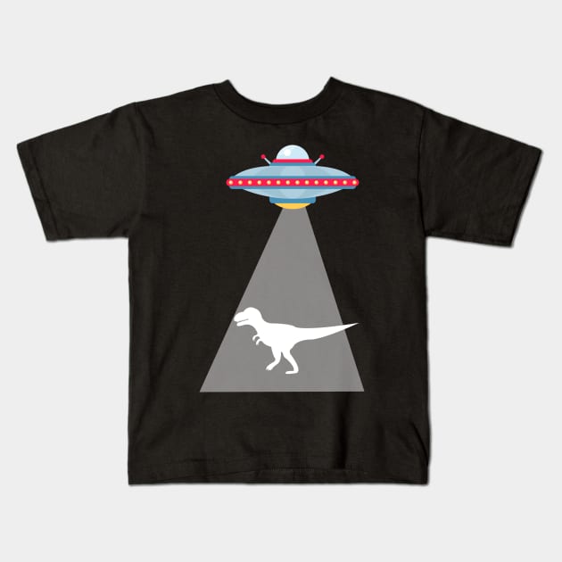 Funny UFO Dinosaur Abduction Kids T-Shirt by vladocar